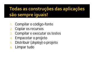 1. Compilar o código-fonte
2. Copiar os recursos
3. Compilar e executar os testes
4. Empacotar o projeto
5. Distribuir (deploy) o projeto
6. Limpar tudo
 