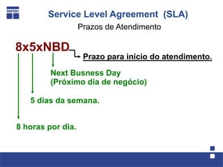 Service Level Agreement (SLA)
                   Prazos de Atendimento

8x5xNBD
                    Prazo para início do atendimento.

         Next Busness Day
         (Próximo dia de negócio)

   5 dias da semana.


8 horas por dia.
 