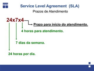 Service Level Agreement (SLA)
               Prazos de Atendimento

24x7x4
               Prazo para início do atendimento.
        4 horas para atendimento.


    7 dias da semana.


24 horas por dia.
 