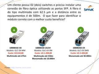 Um cliente possui 02 (dois) switches e precisa instalar uma
  conexão de fibra óptica utilizando as portas SFP. A fibra é
  do tipo multímodo com 62.5 μm e a distância entre os
  equipamentos é de 500m. O que fazer para identificar o
  módulo correto com o melhor custo benefício?


        A                              B                      C




   1000BASE-SX                   1000BASE-LX/LH         1000BASE-EX
 Modelo: GLC-SX-MM             Modelo: GLC-LH-SM     Modelo: GLC-EX-SMD
  Custo: U$ 610,00              Custo: U$ 1.200,00    Custo: U$ 2.420,00
 Multimodo até 275m            Multimodo até 550m    Monomodo até 40.000m
                              Monomodo até 10.000m



Fonte: http://www.cisco.com
 