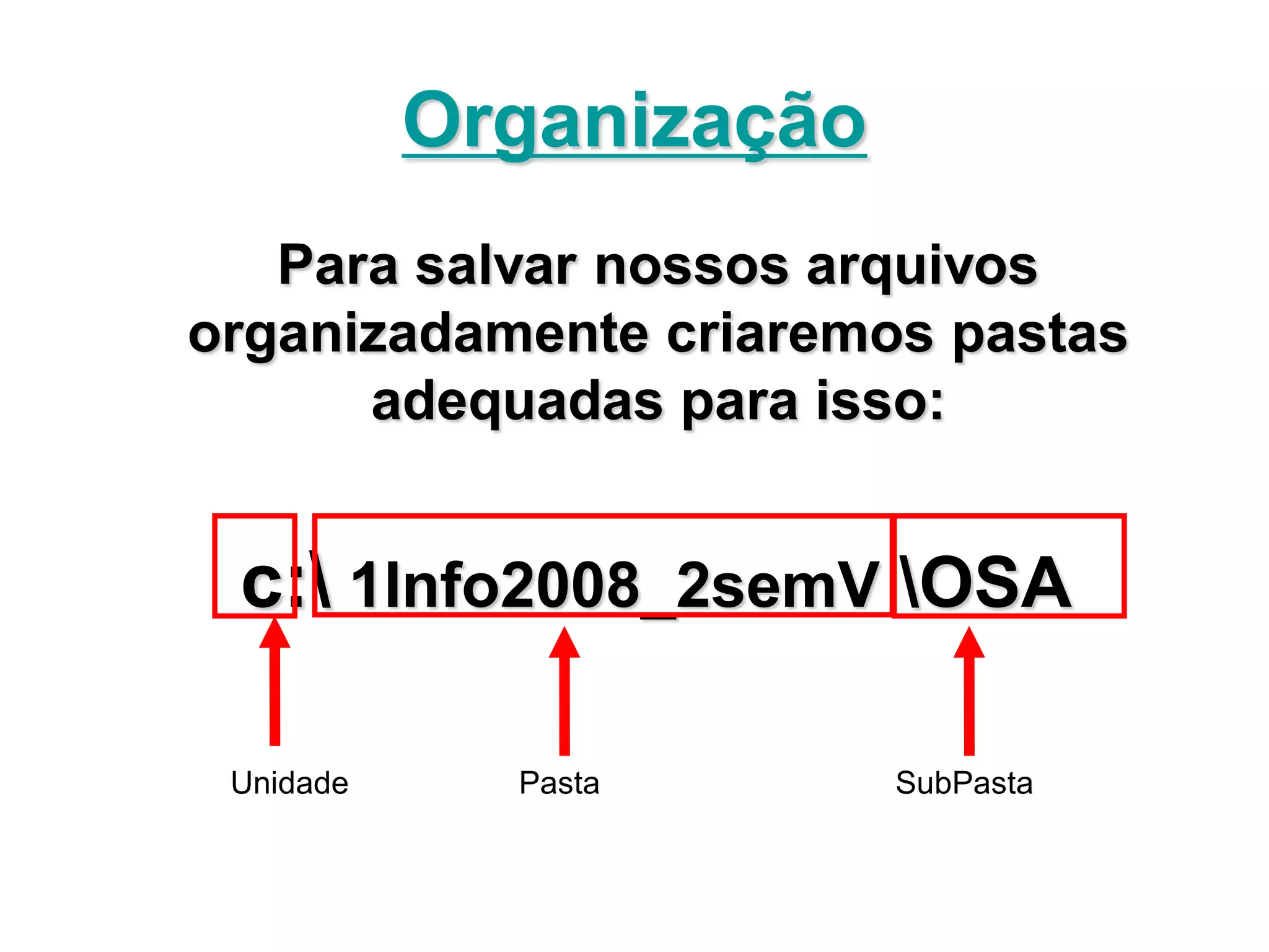 Organização
   Para salvar nossos arquivos
organizadamente criaremos pastas
      adequadas para isso:


 c: 1Info2008_2semV OSA

 Unidade     Pasta       SubPasta
 
