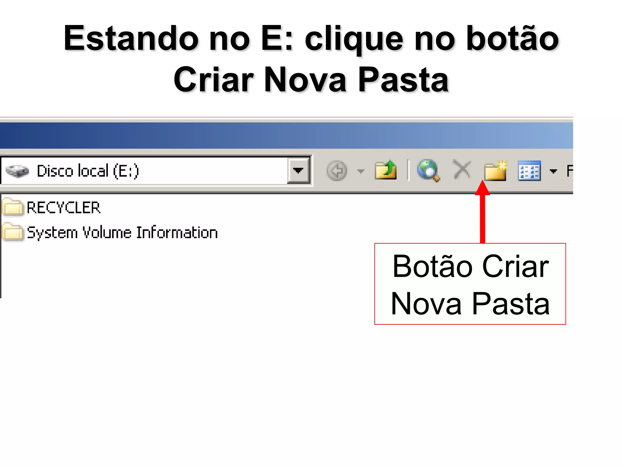 Estando no E: clique no botão
      Criar Nova Pasta




                   Botão Criar
                   Nova Pasta
 