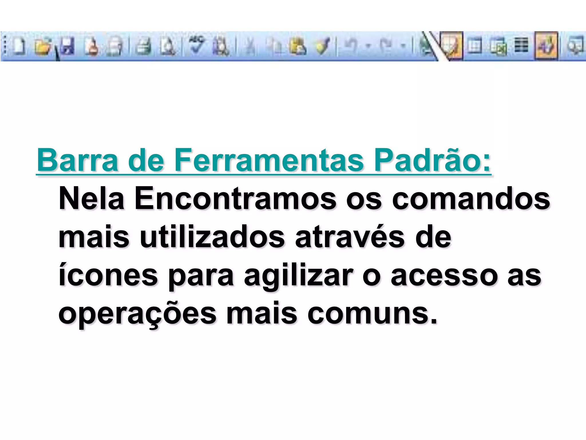 Barra de Ferramentas Padrão:
 Nela Encontramos os comandos
 mais utilizados através de
 ícones para agilizar o acesso as
 operações mais comuns.
 