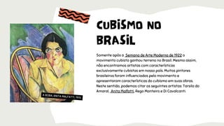 Somente após a Semana de Arte Moderna de 1922 o
movimento cubista ganhou terreno no Brasil. Mesmo assim,
não encontramos artistas com características
exclusivamente cubistas em nosso país. Muitos pintores
brasileiros foram influenciados pelo movimento e
apresentaram características do cubismo em suas obras.
Neste sentido, podemos citar os seguintes artistas: Tarsila do
Amaral, Anita Malfatti, Rego Monteiro e Di Cavalcanti.
CUBISMO NO
BRASIL
A BOBA, ANITA MALFATTI, 1915
 