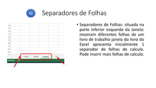 Separadores de Folhas
• Separadores de Folhas: situada na
parte inferior esquerda da Janela:
mostram diferentes folhas de um
livro de trabalho janela do livro do
Excel apresenta inicialmente 1
separador de folhas de calculo.
Pode inserir mais folhas de calculo.
11
 