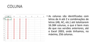 COLUNA
• As colunas são identificadas com
letras de A até Z e combinações de
letras (AB, AC, etc.) até totalizarem
16.384 colunas, o que é bem mais
do que nas versões anteriores, até
o Excel 2003, onde tínhamos, no
máximo, 256 colunas.
 