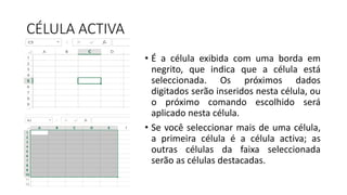 CÉLULA ACTIVA
• É a célula exibida com uma borda em
negrito, que indica que a célula está
seleccionada. Os próximos dados
digitados serão inseridos nesta célula, ou
o próximo comando escolhido será
aplicado nesta célula.
• Se você seleccionar mais de uma célula,
a primeira célula é a célula activa; as
outras células da faixa seleccionada
serão as células destacadas.
 