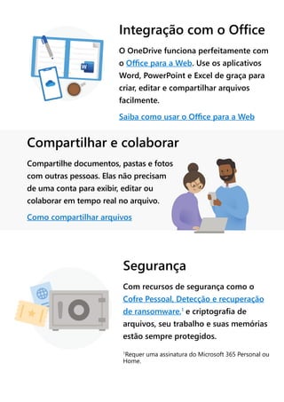 Integração com o Office
O OneDrive funciona perfeitamente com
o Office para a Web. Use os aplicativos
Word, PowerPoint e Excel de graça para
criar, editar e compartilhar arquivos
facilmente.
Saiba como usar o Office para a Web
Compartilhar e colaborar
Compartilhe documentos, pastas e fotos
com outras pessoas. Elas não precisam
de uma conta para exibir, editar ou
colaborar em tempo real no arquivo.
Como compartilhar arquivos
Segurança
Com recursos de segurança como o
Cofre Pessoal, Detecção e recuperação
de ransomware,1
e criptografia de
arquivos, seu trabalho e suas memórias
estão sempre protegidos.
1
Requer uma assinatura do Microsoft 365 Personal ou
Home.
 