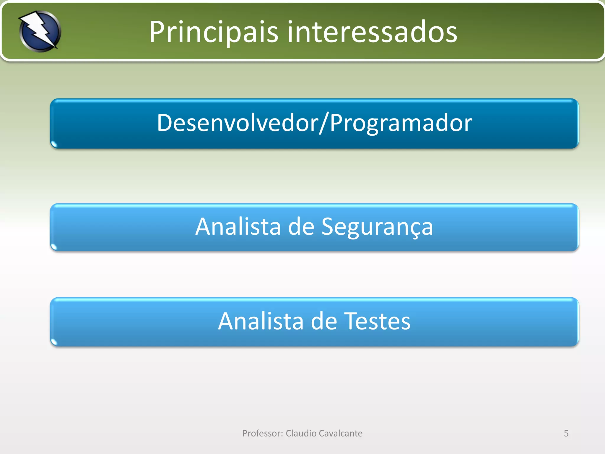 Principais interessados
Desenvolvedor/Programador

Analista de Segurança

Analista de Testes

Professor: Claudio Cavalcante

5

 