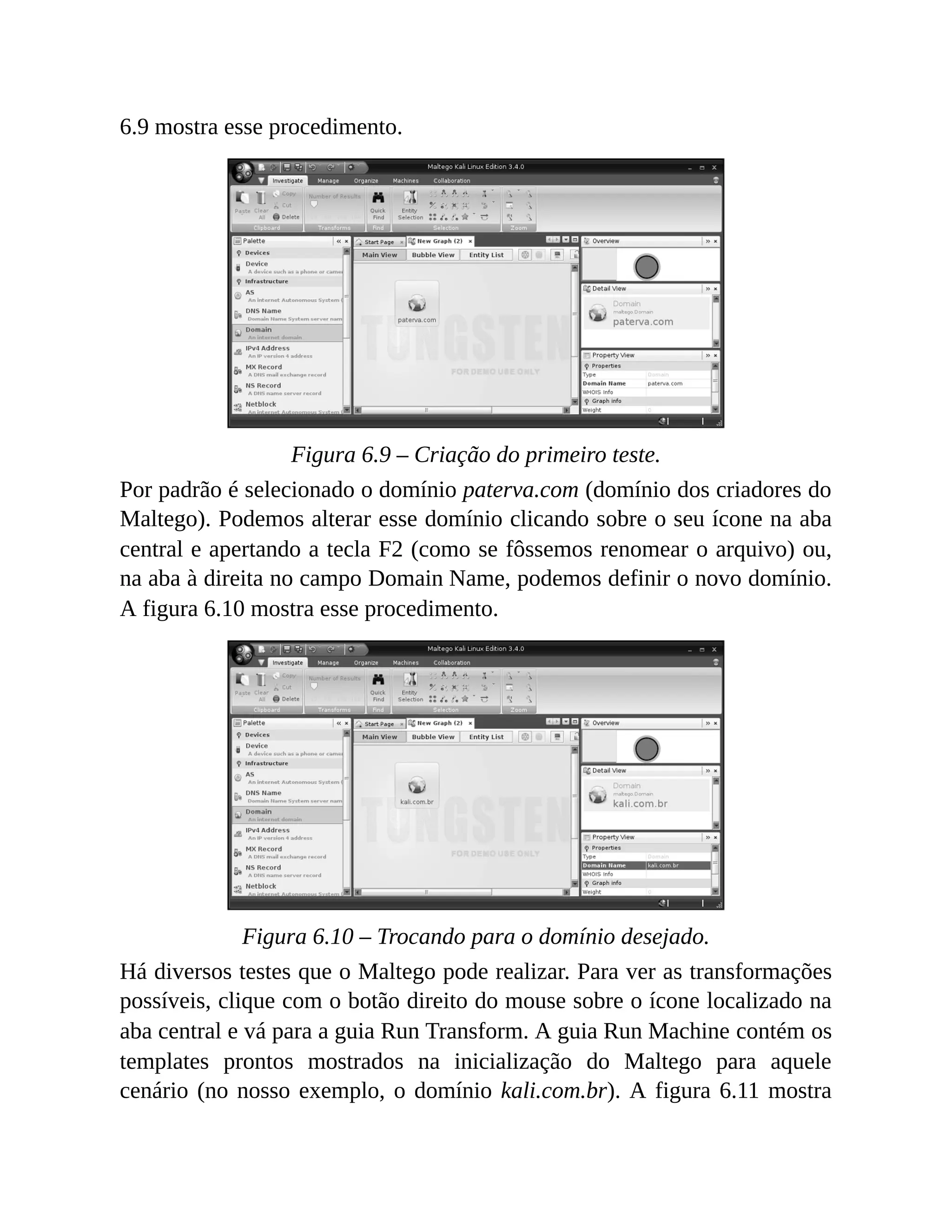 6.9 mostra esse procedimento.
Figura 6.9 – Criação do primeiro teste.
Por padrão é selecionado o domínio paterva.com (domínio dos criadores do
Maltego). Podemos alterar esse domínio clicando sobre o seu ícone na aba
central e apertando a tecla F2 (como se fôssemos renomear o arquivo) ou,
na aba à direita no campo Domain Name, podemos definir o novo domínio.
A figura 6.10 mostra esse procedimento.
Figura 6.10 – Trocando para o domínio desejado.
Há diversos testes que o Maltego pode realizar. Para ver as transformações
possíveis, clique com o botão direito do mouse sobre o ícone localizado na
aba central e vá para a guia Run Transform. A guia Run Machine contém os
templates prontos mostrados na inicialização do Maltego para aquele
cenário (no nosso exemplo, o domínio kali.com.br). A figura 6.11 mostra
 