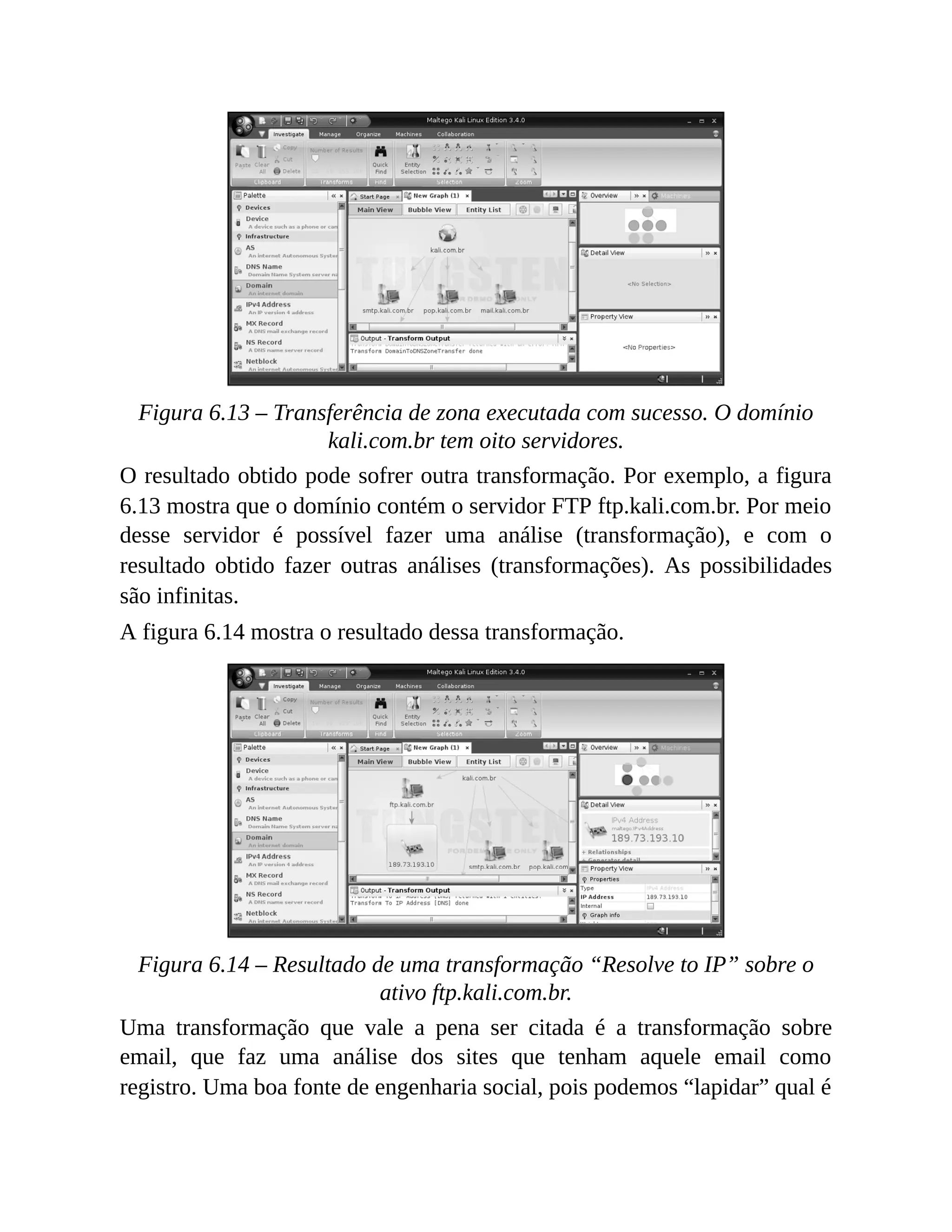 Figura 6.13 – Transferência de zona executada com sucesso. O domínio
kali.com.br tem oito servidores.
O resultado obtido pode sofrer outra transformação. Por exemplo, a figura
6.13 mostra que o domínio contém o servidor FTP ftp.kali.com.br. Por meio
desse servidor é possível fazer uma análise (transformação), e com o
resultado obtido fazer outras análises (transformações). As possibilidades
são infinitas.
A figura 6.14 mostra o resultado dessa transformação.
Figura 6.14 – Resultado de uma transformação “Resolve to IP” sobre o
ativo ftp.kali.com.br.
Uma transformação que vale a pena ser citada é a transformação sobre
email, que faz uma análise dos sites que tenham aquele email como
registro. Uma boa fonte de engenharia social, pois podemos “lapidar” qual é
 