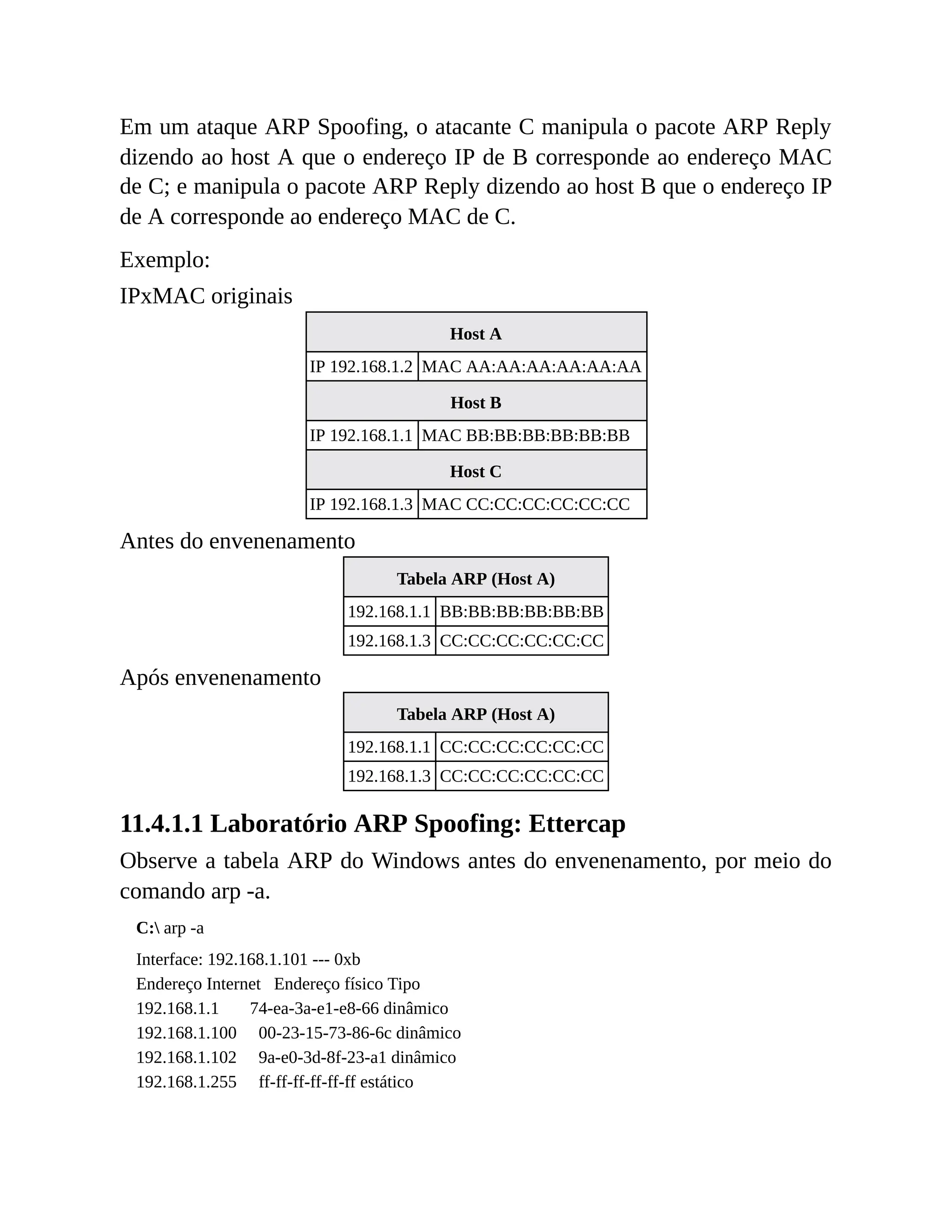 Em um ataque ARP Spoofing, o atacante C manipula o pacote ARP Reply
dizendo ao host A que o endereço IP de B corresponde ao endereço MAC
de C; e manipula o pacote ARP Reply dizendo ao host B que o endereço IP
de A corresponde ao endereço MAC de C.
Exemplo:
IPxMAC originais
Host A
IP 192.168.1.2 MAC AA:AA:AA:AA:AA:AA
Host B
IP 192.168.1.1 MAC BB:BB:BB:BB:BB:BB
Host C
IP 192.168.1.3 MAC CC:CC:CC:CC:CC:CC
Antes do envenenamento
Tabela ARP (Host A)
192.168.1.1 BB:BB:BB:BB:BB:BB
192.168.1.3 CC:CC:CC:CC:CC:CC
Após envenenamento
Tabela ARP (Host A)
192.168.1.1 CC:CC:CC:CC:CC:CC
192.168.1.3 CC:CC:CC:CC:CC:CC
11.4.1.1 Laboratório ARP Spoofing: Ettercap
Observe a tabela ARP do Windows antes do envenenamento, por meio do
comando arp -a.
C: arp -a
Interface: 192.168.1.101 --- 0xb
Endereço Internet Endereço físico Tipo
192.168.1.1 74-ea-3a-e1-e8-66 dinâmico
192.168.1.100 00-23-15-73-86-6c dinâmico
192.168.1.102 9a-e0-3d-8f-23-a1 dinâmico
192.168.1.255 ff-ff-ff-ff-ff-ff estático
 