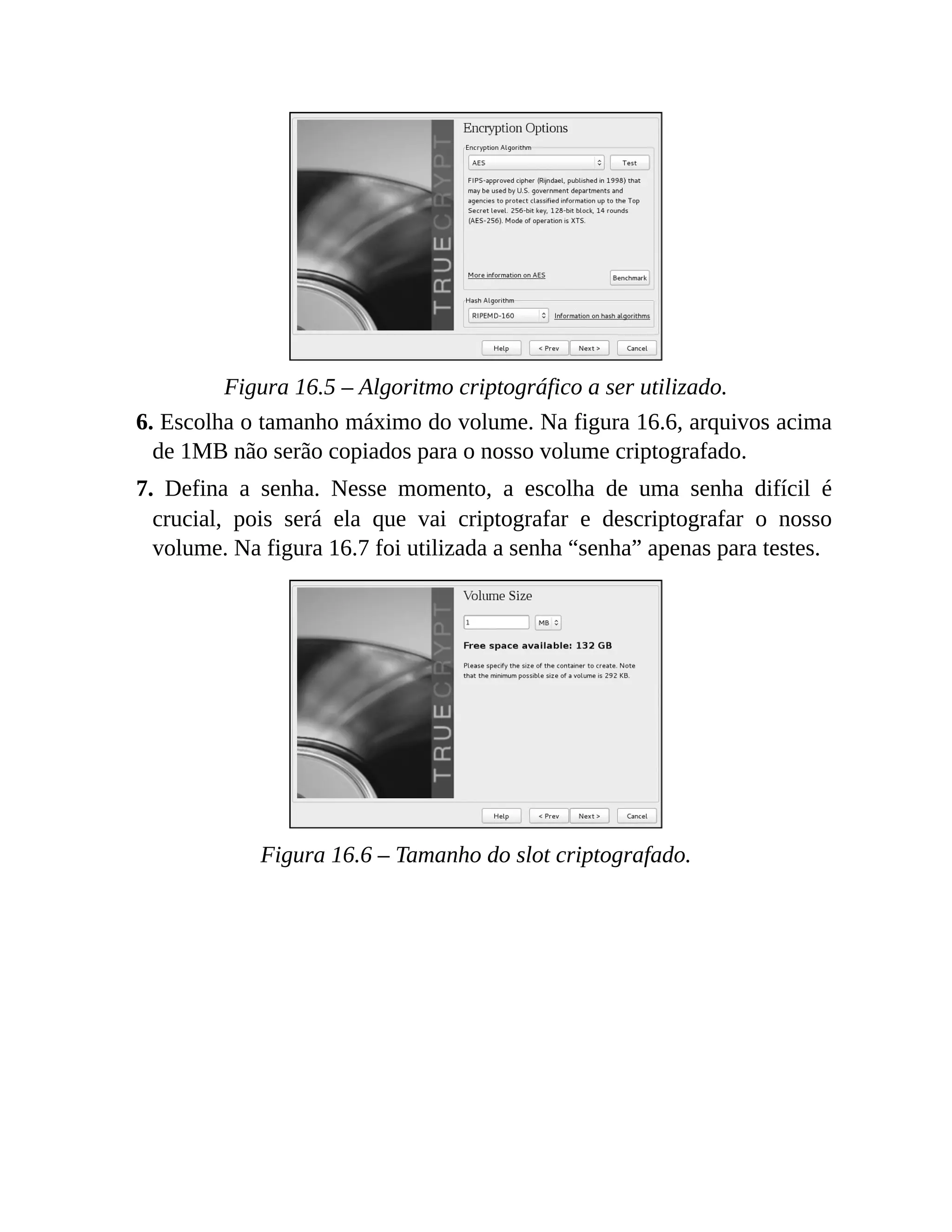 Figura 16.5 – Algoritmo criptográfico a ser utilizado.
6. Escolha o tamanho máximo do volume. Na figura 16.6, arquivos acima
de 1MB não serão copiados para o nosso volume criptografado.
7. Defina a senha. Nesse momento, a escolha de uma senha difícil é
crucial, pois será ela que vai criptografar e descriptografar o nosso
volume. Na figura 16.7 foi utilizada a senha “senha” apenas para testes.
Figura 16.6 – Tamanho do slot criptografado.
 