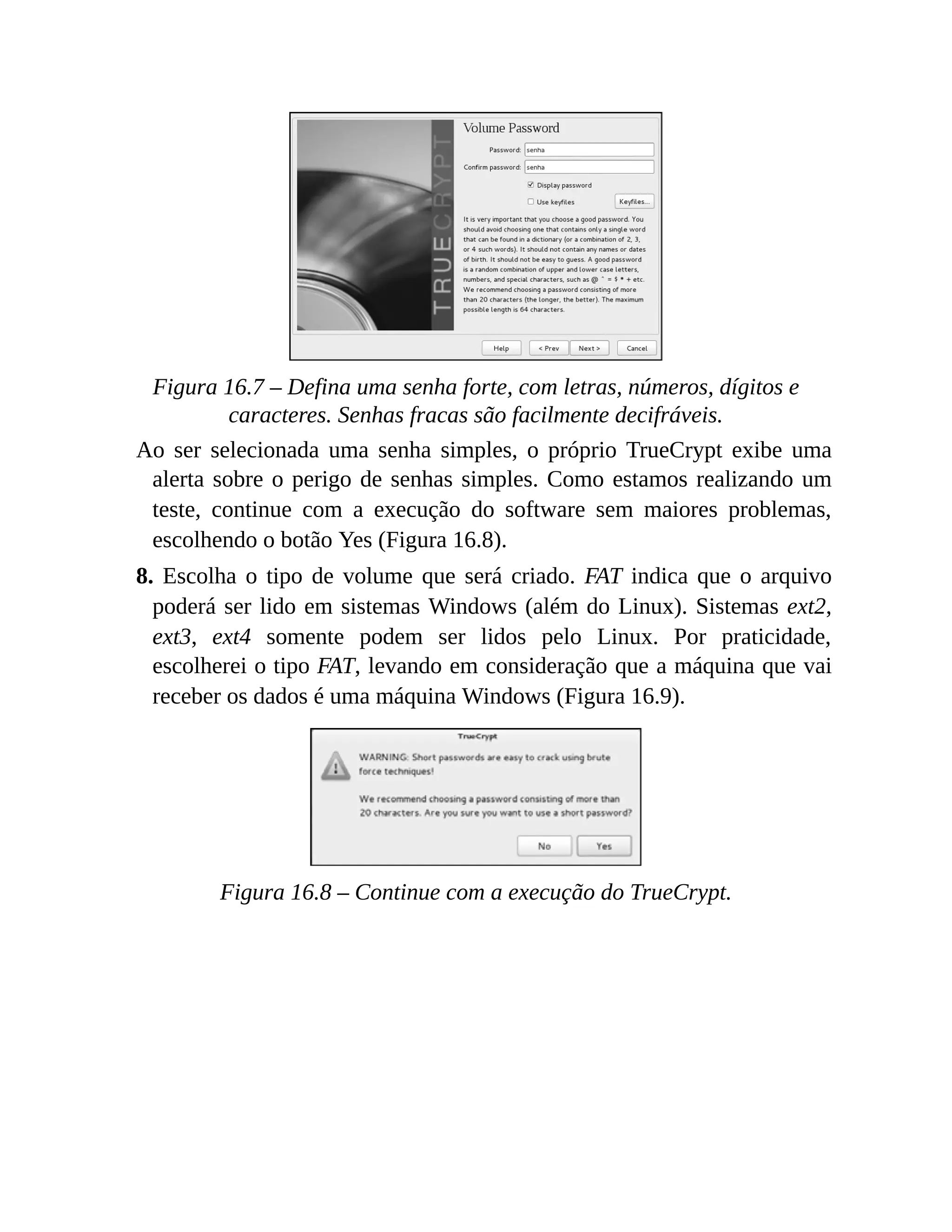 Figura 16.7 – Defina uma senha forte, com letras, números, dígitos e
caracteres. Senhas fracas são facilmente decifráveis.
Ao ser selecionada uma senha simples, o próprio TrueCrypt exibe uma
alerta sobre o perigo de senhas simples. Como estamos realizando um
teste, continue com a execução do software sem maiores problemas,
escolhendo o botão Yes (Figura 16.8).
8. Escolha o tipo de volume que será criado. FAT indica que o arquivo
poderá ser lido em sistemas Windows (além do Linux). Sistemas ext2,
ext3, ext4 somente podem ser lidos pelo Linux. Por praticidade,
escolherei o tipo FAT, levando em consideração que a máquina que vai
receber os dados é uma máquina Windows (Figura 16.9).
Figura 16.8 – Continue com a execução do TrueCrypt.
 
