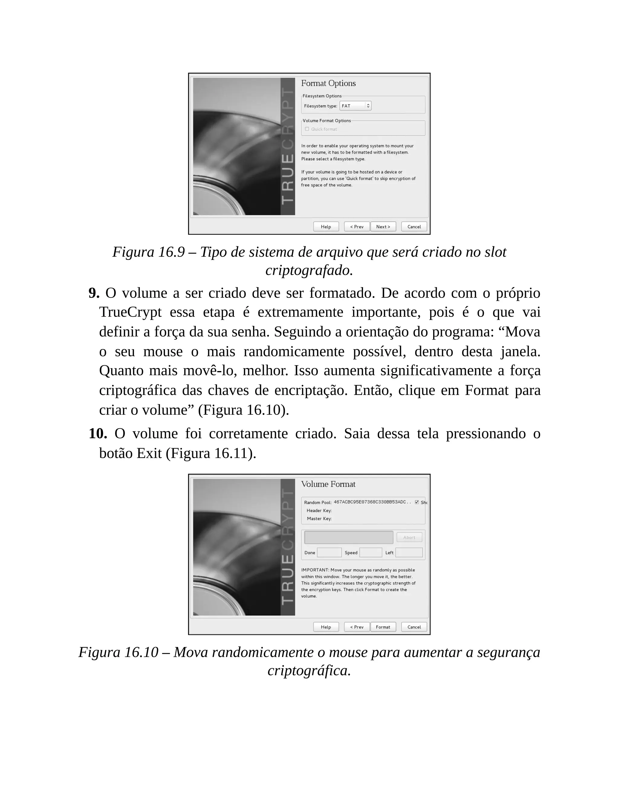 Figura 16.9 – Tipo de sistema de arquivo que será criado no slot
criptografado.
9. O volume a ser criado deve ser formatado. De acordo com o próprio
TrueCrypt essa etapa é extremamente importante, pois é o que vai
definir a força da sua senha. Seguindo a orientação do programa: “Mova
o seu mouse o mais randomicamente possível, dentro desta janela.
Quanto mais movê-lo, melhor. Isso aumenta significativamente a força
criptográfica das chaves de encriptação. Então, clique em Format para
criar o volume” (Figura 16.10).
10. O volume foi corretamente criado. Saia dessa tela pressionando o
botão Exit (Figura 16.11).
Figura 16.10 – Mova randomicamente o mouse para aumentar a segurança
criptográfica.
 