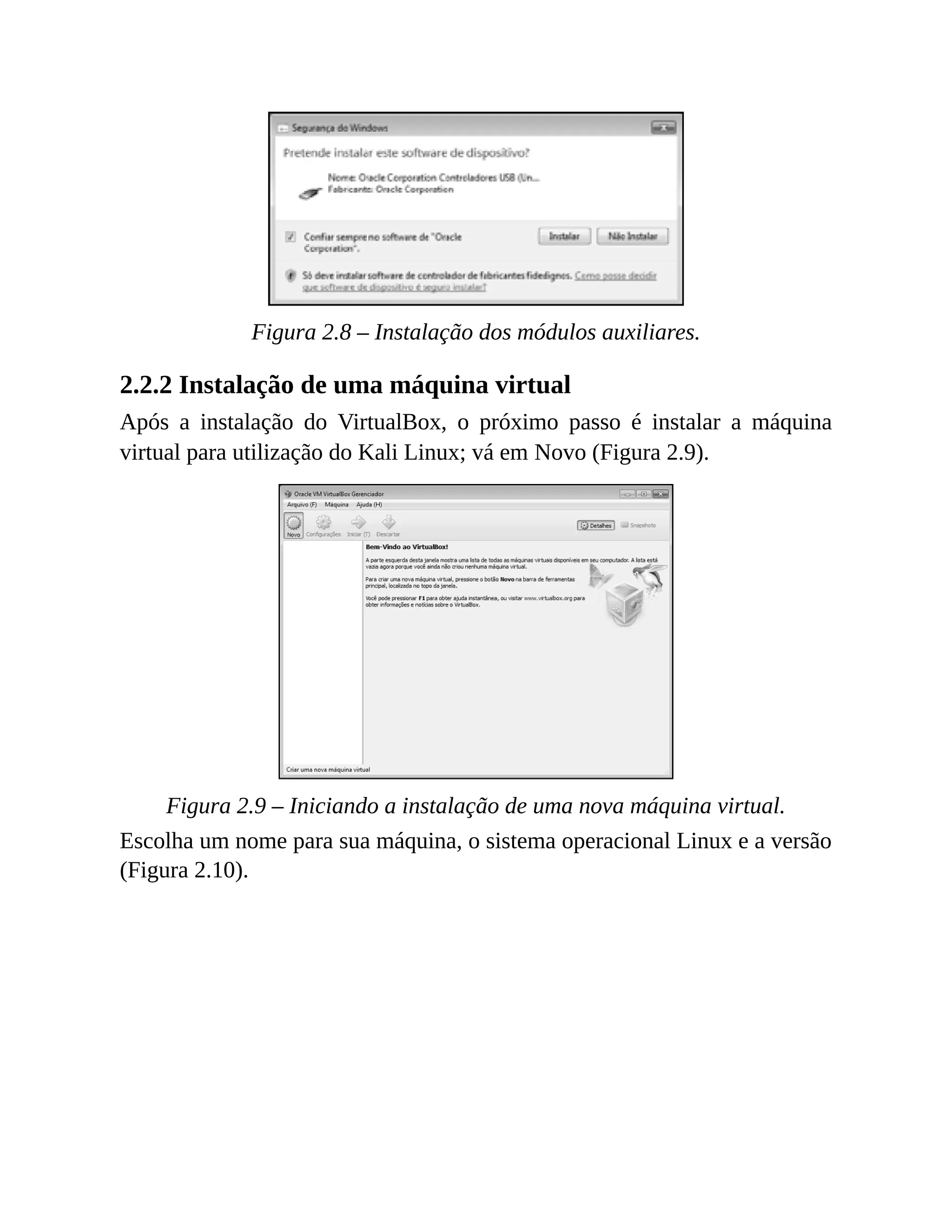 Figura 2.8 – Instalação dos módulos auxiliares.
2.2.2 Instalação de uma máquina virtual
Após a instalação do VirtualBox, o próximo passo é instalar a máquina
virtual para utilização do Kali Linux; vá em Novo (Figura 2.9).
Figura 2.9 – Iniciando a instalação de uma nova máquina virtual.
Escolha um nome para sua máquina, o sistema operacional Linux e a versão
(Figura 2.10).
 