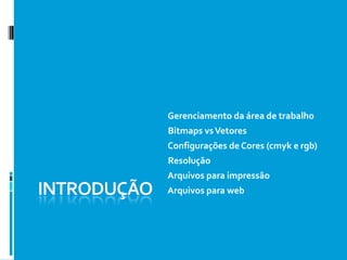 INTRODUÇÃO Gerenciamento da área de trabalho  Bitmaps vs Vetores  Configurações de Cores (cmyk e rgb) Resolução  Arquivos para impressão  Arquivos para web 