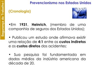 Em  1931 ,  Heinrich , (membro de uma companhia de seguros dos Estados Unidos); Publicou um estudo onde afirmava existir uma relação de  4:1  entre os  custos indiretos  e os  custos diretos  dos acidentes; Sua pesquisa foi fundamentada em dados médios da indústria americana da década de 20. Prevencionismo nos Estados Unidos (Cronologia) 