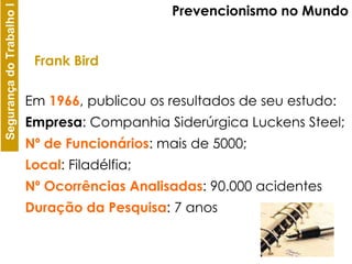 Em  1966 , publicou os resultados de seu estudo: Empresa : Companhia Siderúrgica Luckens Steel; Nº de Funcionários : mais de 5000; Local : Filadélfia; Nº Ocorrências Analisadas : 90.000 acidentes Duração da Pesquisa : 7 anos Prevencionismo no Mundo Frank Bird 