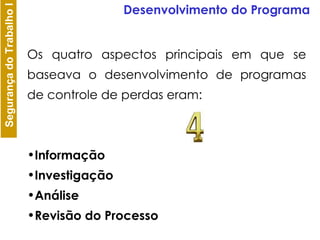 Os quatro aspectos principais em que se baseava o desenvolvimento de programas de controle de perdas eram: Informação Investigação Análise  Revisão do Processo Desenvolvimento do Programa 