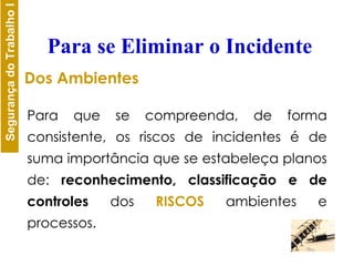 Para se Eliminar o Incidente Para que se compreenda, de forma consistente, os riscos de incidentes é de suma importância que se estabeleça planos de:  reconhecimento, classificação e de controles   dos  RISCOS  ambientes e processos. Dos Ambientes 