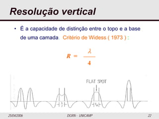 25/04/2006 DGRN - UNICAMP 22
Resolução vertical
• É a capacidade de distinção entre o topo e a base
de uma camada. Critério de Widess ( 1973 ) :
R =
λ
4
 