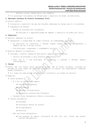 Módulo Jurídico: TEORIA e ESQUEMAS EXPLICATIVOS
                                                     Direito Processual Civil – Processo de Conhecimento
                                                                              Profª Lilian Pereira da Cunha
             ♦ Entre outras (imobiliário, por exemplo)
     É o principal instrumento do Estado para o exercício do Poder Jurisdicional.
3. Natureza Jurídica do Direito Processual Civil
  Direito Público.
     Disciplina o exercício de uma das funções soberanas do estado que é a jurisdição.
     Supremacia do Estado.
     − Estado de sujeição dos litigantes.
             ♦ Sujeição é a impossibilidade de impedir o exercício do poder por outro.
4. Objetivos
  Objetivo Imediato ou Direto.
     Resguardar a integridade da ordem jurídica, do ordenamento jurídico.
     − Ao pacificar os conflitos, o Estado            cumpre    função     pública,     assegurando      o
       império da lei e da paz social.
     − Fim principal: resguardar o ordenamento jurídico.
  Objetivo Mediato ou Subjetivo.
     Proteger o direito subjetivo das partes (apenas indiretamente).
     − Veículo de proteção a seus direitos individuais.
     − Este não é o          fim   principal   do   processo,    o    fazendo     o   Estado,     apenas
       indiretamente.
5. Fontes
  Fontes são “os canais pelos quais as normas vêm ao mundo jurídico, oriundas da
  vontade do ente capaz de ditá-las e impô-las ou exigir sua observância” (Cândido
  Rangel Dinamarco).
     É o lugar de onde provém os institutos jurídicos e as normas do direito.
  Espécies
     Fonte primária
     − É a lei em seu sentido amplo:
             ♦ Constituição Federal
             ♦ Lei federal
             ♦ Tratados internacionais
             ♦ Regimentos internos dos Tribunais
     − Possuem força obrigatória (efeito vinculante).
     Fontes secundárias
             ♦ Costumes
             ♦ Princípios gerais do direito
             ♦ Jurisprudência
             ♦ Doutrina
     − Não tem força obrigatória.
             ♦ Com exceção da súmula vinculante do STF (CF, art. 103-A) que possui
               caráter obrigatório.

                                                                                                         2
 