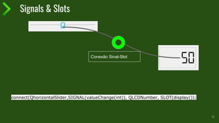 Signals & Slots
13
connect( p_widget1, signal1, p_widget2, slot2);connect(QhorizontalSlider,SIGNAL(valueChange(int)), QLCDNumber, SLOT(display());
Conexão Sinal-Slot
 
