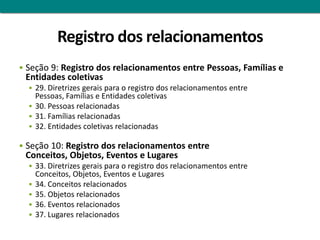Registro dos relacionamentos
 Seção 9: Registro dos relacionamentos entre Pessoas, Famílias e
 Entidades coletivas
   29. Diretrizes gerais para o registro dos relacionamentos entre
    Pessoas, Famílias e Entidades coletivas
   30. Pessoas relacionadas
   31. Famílias relacionadas
   32. Entidades coletivas relacionadas

 Seção 10: Registro dos relacionamentos entre
 Conceitos, Objetos, Eventos e Lugares
   33. Diretrizes gerais para o registro dos relacionamentos entre
      Conceitos, Objetos, Eventos e Lugares
     34. Conceitos relacionados
     35. Objetos relacionados
     36. Eventos relacionados
     37. Lugares relacionados
 