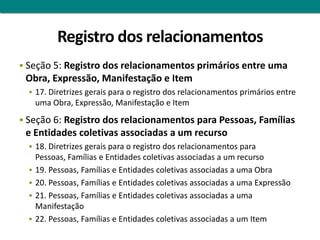 Registro dos relacionamentos
 Seção 5: Registro dos relacionamentos primários entre uma
 Obra, Expressão, Manifestação e Item
   17. Diretrizes gerais para o registro dos relacionamentos primários entre
      uma Obra, Expressão, Manifestação e Item
 Seção 6: Registro dos relacionamentos para Pessoas, Famílias
 e Entidades coletivas associadas a um recurso
   18. Diretrizes gerais para o registro dos relacionamentos para
      Pessoas, Famílias e Entidades coletivas associadas a um recurso
     19. Pessoas, Famílias e Entidades coletivas associadas a uma Obra
     20. Pessoas, Famílias e Entidades coletivas associadas a uma Expressão
     21. Pessoas, Famílias e Entidades coletivas associadas a uma
      Manifestação
     22. Pessoas, Famílias e Entidades coletivas associadas a um Item
 