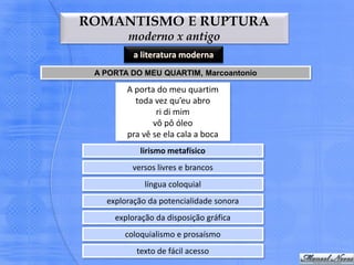 ROMANTISMO E RUPTURA
        moderno x antigo
          a literatura moderna
 A PORTA DO MEU QUARTIM, Marcoantonio

        A porta do meu quartim
          toda vez qu’eu abro
                ri di mim
               vô pô óleo
        pra vê se ela cala a boca
           lirismo metafísico
         versos livres e brancos
             língua coloquial
   exploração da potencialidade sonora
     exploração da disposição gráfica
       coloquialismo e prosaísmo
          texto de fácil acesso
 