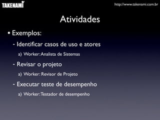 http://www.takenami.com.br



                       Atividades
• Exemplos:
 - Identiﬁcar casos de uso e atores
   a) Worker: Analista de Sistemas

 - Revisar o projeto
   a) Worker: Revisor de Projeto

 - Executar teste de desempenho
   a) Worker: Testador de desempenho
 