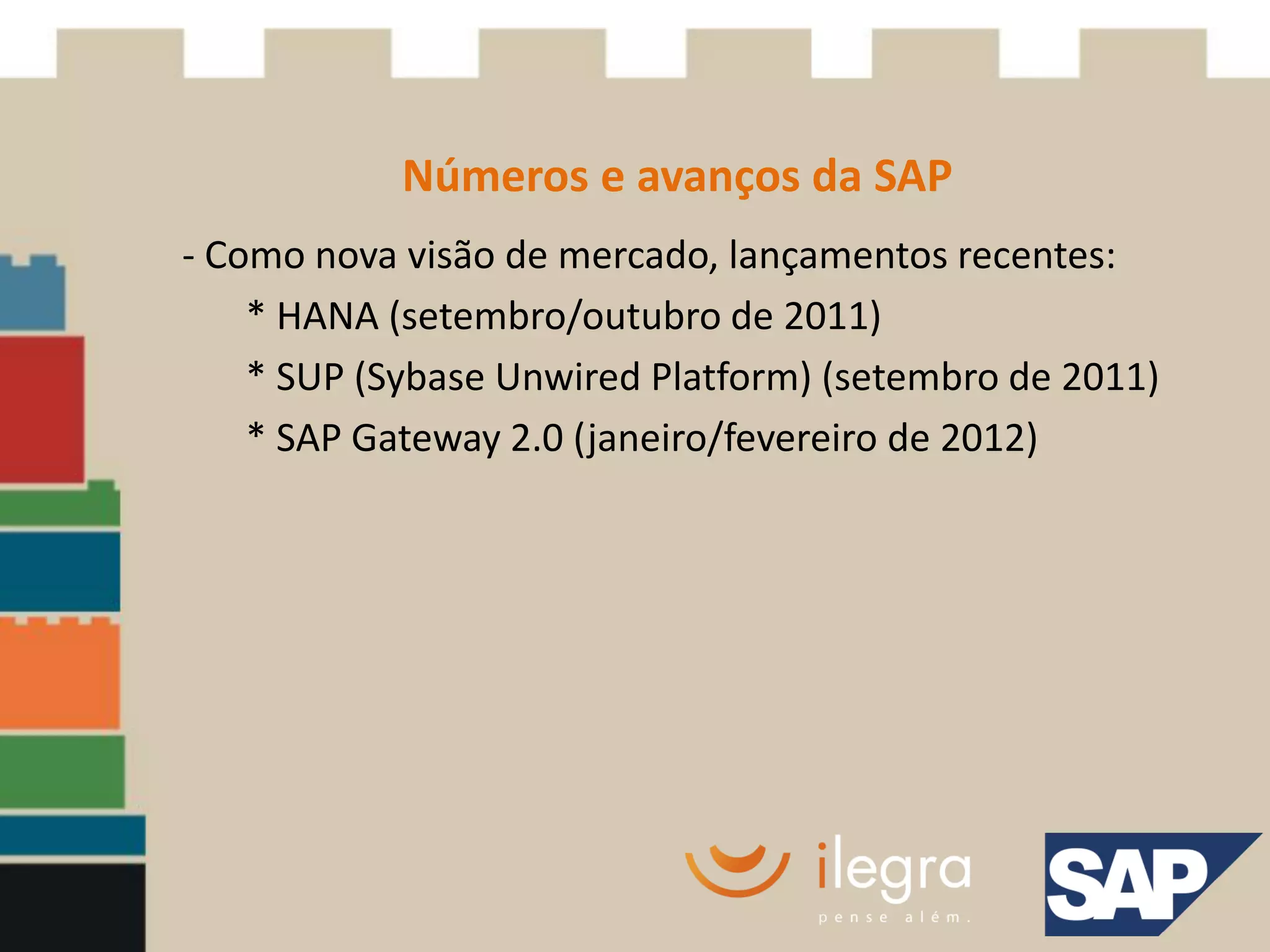Números e avanços da SAP
- Como nova visão de mercado, lançamentos recentes:
    * HANA (setembro/outubro de 2011)
    * SUP (Sybase Unwired Platform) (setembro de 2011)
    * SAP Gateway 2.0 (janeiro/fevereiro de 2012)
 
