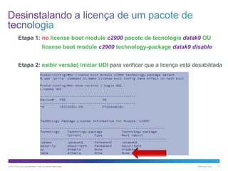 Etapa 1: no license boot module c2900 pacote de tecnologia datak9 OU
license boot module c2900 technology-package datak9 disable
Etapa 2: exibir versão| iniciar UDI para verificar que a licença está desabilitada

© 2013 Cisco e/ou suas afiliadas. Todos os direitos reservados.

Público da Cisco

12

 