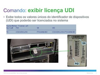 exibir licença UDI
• Exibe todos os valores únicos do identificador de dispositivos

(UDI) que poderão ser licenciados no sistema

© 2013 Cisco e/ou suas afiliadas. Todos os direitos reservados.

Público da Cisco

4

 