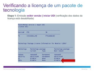 Etapa 1: Emissão exibir versão | iniciar UDI (verificação dos dados da
licença está desabilitada)

© 2013 Cisco e/ou suas afiliadas. Todos os direitos reservados.

Público da Cisco

9

 