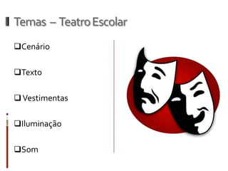Temas – Teatro Escolar
Cenário


Texto


 Vestimentas


Iluminação


Som
 