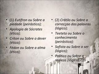 • (1) Eutifron ou Sobre a
piedade (peirástico);
• Apologia de Sócrates
(ético);
• Críton ou Sobre o dever
(ético);
• Fédon ou Sobre a alma
(ético);
• (2) Crátilo ou Sobre a
correcçao das palavras
(lógico);
• Teeteto ou Sobre o
conhecimento
(peirástico);
• Sofista ou Sobre o ser
(lógico);
• Político ou Sobre a
realeza (lógico);
 