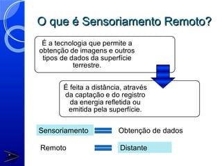 O que é Sensoriamento Remoto?




Sensoriamento   Obtenção de dados

Remoto          Distante
 