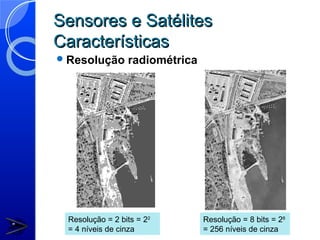 Sensores e Satélites
Características
 Resolução      radiométrica




 Resolução = 2 bits = 22        Resolução = 8 bits = 28
 = 4 níveis de cinza            = 256 níveis de cinza
 