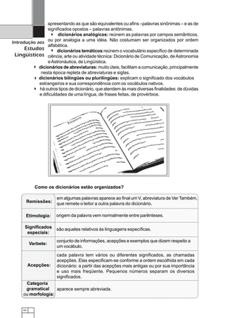 64
Introdução aos
Estudos
Lingüísticos
apresentando as que são equivalentes ou afins –palavras sinônimas – e as de
significados opostos – palavras antônimas.
dicionários analógicos: reúnem as palavras por campos semânticos,
ou por analogia a uma idéia. Não costumam ser organizados por ordem
alfabética.
dicionários temáticos:reúnem o vocabulário específico de determinada
ciência, arte ou atividade técnica: Dicionário de Comunicação, de Astronomia
eAstronáutica, de Lingüística.
dicionários de abreviaturas: muito úteis, facilitam a comunicação, principalmente
nesta época repleta de abreviaturas e siglas.
dicionários bilíngües ou plurilíngües: explicam o significado dos vocábulos
estrangeiros e sua correspondência com os vocábulos nativos.
há outros tipos de dicionário, que atendem às mais diversas finalidades: de dúvidas
e dificuldades de uma língua, de frases feitas, de provérbios.
Como os dicionários estão organizados?
12345678901234567890123456789012123456789012345678901234567890121234567890123456789012345678901212345678901234567890123456789012123456789012
12345678901234567890123456789012123456789012345678901234567890121234567890123456789012345678901212345678901234567890123456789012123456789012
1234567890123456789012345678901212345678901234567890123456789012123456789012345678901234567890121234567890123456789012345678901212345678901212345678901234567890123456789012123456789012345678901234567890121234567890123456789012345678901212345678901234567890123456789012123456789012
1234567890123456789012345678901212345678901234567890123456789012123456789012345678901234567890121234567890123456789012345678901212345678901212345678901234567890123456789012123456789012345678901234567890121234567890123456789012345678901212345678901234567890123456789012123456789012
1234567890123456789012345678901212345678901234567890123456789012123456789012345678901234567890121234567890123456789012345678901212345678901212345678901234567890123456789012123456789012345678901234567890121234567890123456789012345678901212345678901234567890123456789012123456789012
12345678901234567890123456789012123456789012345678901234567890121234567890123456789012345678901212345678901234567890123456789012123456789012
12345678901234567890123456789012123456789012345678901234567890121234567890123456789012345678901212345678901234567890123456789012123456789012
12345678901234567890123456789012123456789012345678901234567890121234567890123456789012345678901212345678901234567890123456789012123456789012
1234567890123456789012345678901212345678901234567890123456789012123456789012345678901234567890121234567890123456789012345678901212345678901212345678901234567890123456789012123456789012345678901234567890121234567890123456789012345678901212345678901234567890123456789012123456789012
1234567890123456789012345678901212345678901234567890123456789012123456789012345678901234567890121234567890123456789012345678901212345678901212345678901234567890123456789012123456789012345678901234567890121234567890123456789012345678901212345678901234567890123456789012123456789012
12345678901234567890123456789012123456789012345678901234567890121234567890123456789012345678901212345678901234567890123456789012123456789012
12345678901234567890123456789012123456789012345678901234567890121234567890123456789012345678901212345678901234567890123456789012123456789012
12345678901234567890123456789012123456789012345678901234567890121234567890123456789012345678901212345678901234567890123456789012123456789012
1234567890123456789012345678901212345678901234567890123456789012123456789012345678901234567890121234567890123456789012345678901212345678901212345678901234567890123456789012123456789012345678901234567890121234567890123456789012345678901212345678901234567890123456789012123456789012
1234567890123456789012345678901212345678901234567890123456789012123456789012345678901234567890121234567890123456789012345678901212345678901212345678901234567890123456789012123456789012345678901234567890121234567890123456789012345678901212345678901234567890123456789012123456789012
1234567890123456789012345678901212345678901234567890123456789012123456789012345678901234567890121234567890123456789012345678901212345678901212345678901234567890123456789012123456789012345678901234567890121234567890123456789012345678901212345678901234567890123456789012123456789012
12345678901234567890123456789012123456789012345678901234567890121234567890123456789012345678901212345678901234567890123456789012123456789012
12345678901234567890123456789012123456789012345678901234567890121234567890123456789012345678901212345678901234567890123456789012123456789012
12345678901234567890123456789012123456789012345678901234567890121234567890123456789012345678901212345678901234567890123456789012123456789012
1234567890123456789012345678901212345678901234567890123456789012123456789012345678901234567890121234567890123456789012345678901212345678901212345678901234567890123456789012123456789012345678901234567890121234567890123456789012345678901212345678901234567890123456789012123456789012
1234567890123456789012345678901212345678901234567890123456789012123456789012345678901234567890121234567890123456789012345678901212345678901212345678901234567890123456789012123456789012345678901234567890121234567890123456789012345678901212345678901234567890123456789012123456789012
12345678901234567890123456789012123456789012345678901234567890121234567890123456789012345678901212345678901234567890123456789012123456789012
12345678901234567890123456789012123456789012345678901234567890121234567890123456789012345678901212345678901234567890123456789012123456789012
12345678901234567890123456789012123456789012345678901234567890121234567890123456789012345678901212345678901234567890123456789012123456789012
12345678901234567890123456789012123456789012345678901234567890121234567890123456789012345678901212345678901234567890123456789012123456789012
12345678901234567890123456789012123456789012345678901234567890121234567890123456789012345678901212345678901234567890123456789012123456789012
1234567890123456789012345678901212345678901234567890123456789012123456789012345678901234567890121234567890123456789012345678901212345678901212345678901234567890123456789012123456789012345678901234567890121234567890123456789012345678901212345678901234567890123456789012123456789012
1234567890123456789012345678901212345678901234567890123456789012123456789012345678901234567890121234567890123456789012345678901212345678901212345678901234567890123456789012123456789012345678901234567890121234567890123456789012345678901212345678901234567890123456789012123456789012
12345678901234567890123456789012123456789012345678901234567890121234567890123456789012345678901212345678901234567890123456789012123456789012
12345678901234567890123456789012123456789012345678901234567890121234567890123456789012345678901212345678901234567890123456789012123456789012
12345678901234567890123456789012123456789012345678901234567890121234567890123456789012345678901212345678901234567890123456789012123456789012
12345678901234567890123456789012123456789012345678901234567890121234567890123456789012345678901212345678901234567890123456789012123456789012
12345678901234567890123456789012123456789012345678901234567890121234567890123456789012345678901212345678901234567890123456789012123456789012
12345678901234567890123456789012123456789012345678901234567890121234567890123456789012345678901212345678901234567890123456789012123456789012
12345678901234567890123456789012123456789012345678901234567890121234567890123456789012345678901212345678901234567890123456789012123456789012
12345678901234567890123456789012123456789012345678901234567890121234567890123456789012345678901212345678901234567890123456789012123456789012
12345678901234567890123456789012123456789012345678901234567890121234567890123456789012345678901212345678901234567890123456789012123456789012
12345678901234567890123456789012123456789012345678901234567890121234567890123456789012345678901212345678901234567890123456789012123456789012
12345678901234567890123456789012123456789012345678901234567890121234567890123456789012345678901212345678901234567890123456789012123456789012
12345678901234567890123456789012123456789012345678901234567890121234567890123456789012345678901212345678901234567890123456789012123456789012
1234567890123456789012345678901212345678901234567890123456789012123456789012345678901234567890121234567890123456789012345678901212345678901212345678901234567890123456789012123456789012345678901234567890121234567890123456789012345678901212345678901234567890123456789012123456789012
12345678901234567890123456789012123456789012345678901234567890121234567890123456789012345678901212345678901234567890123456789012123456789012
12345678901234567890123456789012123456789012345678901234567890121234567890123456789012345678901212345678901234567890123456789012123456789012
12345678901234567890123456789012123456789012345678901234567890121234567890123456789012345678901212345678901234567890123456789012123456789012
12345678901234567890123456789012123456789012345678901234567890121234567890123456789012345678901212345678901234567890123456789012123456789012
12345678901234567890123456789012123456789012345678901234567890121234567890123456789012345678901212345678901234567890123456789012123456789012
1234567890123456789012345678901212345678901234567890123456789012123456789012345678901234567890121234567890123456789012345678901212345678901212345678901234567890123456789012123456789012345678901234567890121234567890123456789012345678901212345678901234567890123456789012123456789012
1234567890123456789012345678901212345678901234567890123456789012123456789012345678901234567890121234567890123456789012345678901212345678901212345678901234567890123456789012123456789012345678901234567890121234567890123456789012345678901212345678901234567890123456789012123456789012
12345678901234567890123456789012123456789012345678901234567890121234567890123456789012345678901212345678901234567890123456789012123456789012
12345678901234567890123456789012123456789012345678901234567890121234567890123456789012345678901212345678901234567890123456789012123456789012
12345678901234567890123456789012123456789012345678901234567890121234567890123456789012345678901212345678901234567890123456789012123456789012
12345678901234567890123456789012123456789012345678901234567890121234567890123456789012345678901212345678901234567890123456789012123456789012
12345678901234567890123456789012123456789012345678901234567890121234567890123456789012345678901212345678901234567890123456789012123456789012
1234567890123456789012345678901212345678901234567890123456789012123456789012345678901234567890121234567890123456789012345678901212345678901212345678901234567890123456789012123456789012345678901234567890121234567890123456789012345678901212345678901234567890123456789012123456789012
12345678901234567890123456789012123456789012345678901234567890121234567890123456789012345678901212345678901234567890123456789012123456789012
12345678901234567890123456789012123456789012345678901234567890121234567890123456789012345678901212345678901234567890123456789012123456789012
12345678901234567890123456789012123456789012345678901234567890121234567890123456789012345678901212345678901234567890123456789012123456789012
12345678901234567890123456789012123456789012345678901234567890121234567890123456789012345678901212345678901234567890123456789012123456789012
12345678901234567890123456789012123456789012345678901234567890121234567890123456789012345678901212345678901234567890123456789012123456789012
12345678901234567890123456789012123456789012345678901234567890121234567890123456789012345678901212345678901234567890123456789012123456789012
12345678901234567890123456789012123456789012345678901234567890121234567890123456789012345678901212345678901234567890123456789012123456789012
1234567890123456789012345678901212345678901234567890123456789012123456789012345678901234567890121234567890123456789012345678901212345678901212345678901234567890123456789012123456789012345678901234567890121234567890123456789012345678901212345678901234567890123456789012123456789012
12345678901234567890123456789012123456789012345678901234567890121234567890123456789012345678901212345678901234567890123456789012123456789012
12345678901234567890123456789012123456789012345678901234567890121234567890123456789012345678901212345678901234567890123456789012123456789012
12345678901234567890123456789012123456789012345678901234567890121234567890123456789012345678901212345678901234567890123456789012123456789012
12345678901234567890123456789012123456789012345678901234567890121234567890123456789012345678901212345678901234567890123456789012123456789012
123456789012345678901234123456789012345678901234
123456789012345678901234123456789012345678901234
123456789012345678901234
123456789012345678901234123456789012345678901234
123456789012345678901234
123456789012345678901234123456789012345678901234
123456789012345678901234
123456789012345678901234
123456789012345678901234
123456789012345678901234123456789012345678901234
123456789012345678901234
123456789012345678901234123456789012345678901234
123456789012345678901234
123456789012345678901234
123456789012345678901234
123456789012345678901234123456789012345678901234
123456789012345678901234
123456789012345678901234123456789012345678901234
123456789012345678901234
123456789012345678901234
123456789012345678901234
123456789012345678901234123456789012345678901234
123456789012345678901234
123456789012345678901234123456789012345678901234
123456789012345678901234
123456789012345678901234
123456789012345678901234
123456789012345678901234123456789012345678901234
123456789012345678901234
123456789012345678901234123456789012345678901234
123456789012345678901234
123456789012345678901234
123456789012345678901234
123456789012345678901234123456789012345678901234
123456789012345678901234
123456789012345678901234123456789012345678901234
123456789012345678901234
123456789012345678901234
123456789012345678901234
123456789012345678901234123456789012345678901234
123456789012345678901234
123456789012345678901234123456789012345678901234
123456789012345678901234
123456789012345678901234
123456789012345678901234
123456789012345678901234123456789012345678901234
123456789012345678901234
123456789012345678901234123456789012345678901234
123456789012345678901234
123456789012345678901234123456789012345678901234
123456789012345678901234
123456789012345678901234123456789012345678901234123456789012345678901234
Remissões:
em algumas palavras aparece ao final um V, abreviatura de Ver Também,
que remete o leitor a outra palavra do dicionário.
Etimologia: origem da palavra vem normalmente entre parênteses.
Significados
especiais:
são aqueles relativos às linguagens específicas.
Verbete:
conjunto de informações, acepções e exemplos que dizem respeito a
um vocábulo.
Acepções:
cada palavra tem vários ou diferentes significados, as chamadas
acepções. Elas especificam-se conforme a ordem escolhida em cada
dicionário: a partir das acepções mais antigas ou por sua importância
e uso mais freqüente. Pequenos números separam os diversos
significados.
Categoria
gramatical
ou morfologia:
aparece sempre abreviada.
 