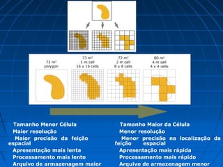 • Tamanho Menor Célula           • Tamanho Maior da Célula
• Maior resolução                • Menor resolução
• Maior precisão da feição       • Menor precisão na localização da
espacial                         feição    espacial
• Apresentação mais lenta        • Apresentação mais rápida
• Processamento mais lento       • Processamento mais rápido
• Arquivo de armazenagem maior   • Arquivo de armazenagem menor
 