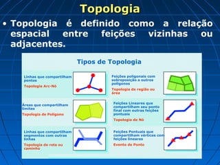 Topologia
• Topologia é definido como a relação
  espacial  entre feições vizinhas ou
  adjacentes.
                             Tipos de Topologia

   Linhas que compartilham            Feições poligonais com
   pontos                             sobreposição a outros
                                      polígonos
   Topologia Arc-Nó
                                      Topologia de região ou
                                      área


                                       Feições Lineares que
   Áreas que compartilham
                                       compartilham seu ponto
   limites
                                       final com outras feições
   Topologia de Polígono               pontuais
                                       Topologia de Nó


   Linhas que compartilham             Feições Pontuais que
   segmentos com outras                compartilham vértices com
   linhas                              feições lineares
   Topologia de rota ou                Evento de Ponto
   caminho
 