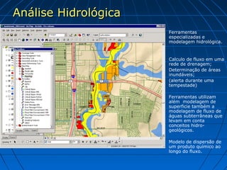 Análise Hidrológica
                      Ferramentas
                      especializadas e
                      modelagem hidrológica.


                      Calculo de fluxo em uma
                      rede de drenagem;
                      Determinação de áreas
                      inundáveis;
                      (alerta durante uma
                      tempestade)

                      Ferramentas utilizam
                      além modelagem de
                      superficie também a
                      modelagem de fluxo de
                      águas subterrâneas que
                      levam em conta
                      conceitos hidro-
                      geológicos.

                      Modelo de dispersão de
                      um produto químico ao
                      longo do fluxo.
 