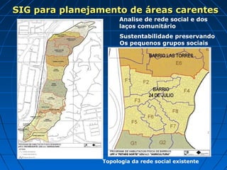 SIG para planejamento de áreas carentes
                      Analise de rede social e dos
                      laços comunitário
                       Sustentabilidade preservando
                       Os pequenos grupos sociais




                 Topologia da rede social existente
 