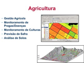Agricultura
– Gestão Agrícola
– Monitoramento de
  Pragas/Doenças
– Monitoramento de Culturas
– Previsão de Safra
– Análise de Solos
 