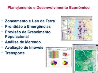 Planejamento e Desenvolvimento Econômico


• Zoneamento e Uso da Terra
• Prontidão a Emergências
• Previsão de Crescimento
  Populacional
• Análise de Mercado
• Avaliação de Imóveis
• Transporte
 