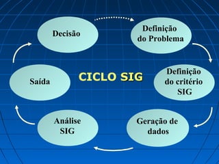 Definição
        Decisão
                      do Problema


                            Definição
Saída         CICLO SIG     do critério
                               SIG


        Análise       Geração de
         SIG            dados
 