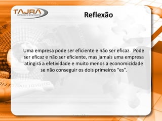 Sanmya F. Tajra
Reflexão
Uma empresa pode ser eficiente e não ser eficaz. Pode
ser eficaz e não ser eficiente, mas jamais uma empresa
atingirá a efetividade e muito menos a economicidade
se não conseguir os dois primeiros “es”.
 