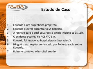 Sanmya F. Tajra
Estudo de Caso
1. Eduardo é um engenheiro projetista.
2. Eduardo esperar encontrar o Sr. Roberto.
3. A reunião para a qual Eduardo se dirigia iniciava-se às 11h.
4. O acidente ocorreu na ACERTO S.A.
5. Eduardo foi levado ao hospital para fazer raios X.
6. Ninguém no hospital contratado por Roberto sabia sobre
Eduardo.
7. Roberto contatou o hospital errado.
 